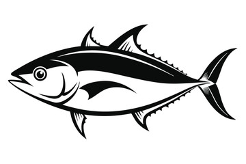 Black and White Tuna Fish Graphic Illustration with Detailed Fin Markings and Gills