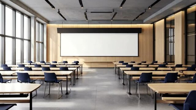 Modern classroom setting with empty desks and chairs, large windows providing natural light