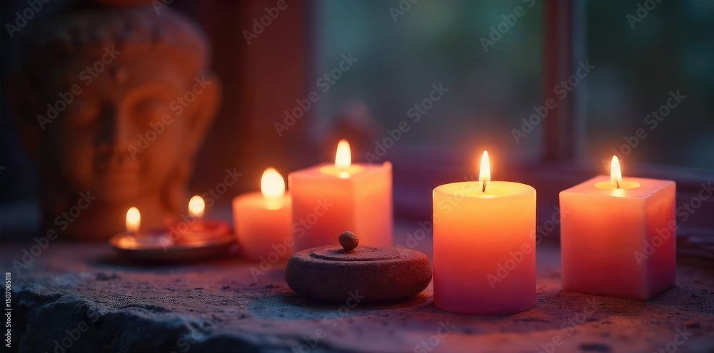 Canvas Prints candles illuminate a sacred space, soft light casting ethereal glow on spiritual objects perfect for