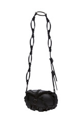 Avant garde black shoulder bag with chain detail on white background