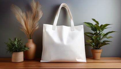 empty white blank tote bag with free copy space in a modern home interior