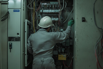 Electrical Panel Inspection: Worker in hard hat checks wiring of a complex electrical panel in a utility or industrial setting. Safety first!
