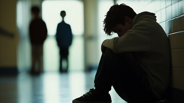 Alone in the Hallway: A young person sits with their head down in a school hallway, silhouetted against others passing by, conveying feelings of isolation and despair.