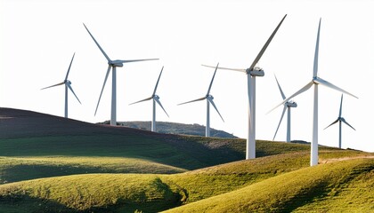 renewable energy windmills on hilly landscape isolated on transparent cutout background