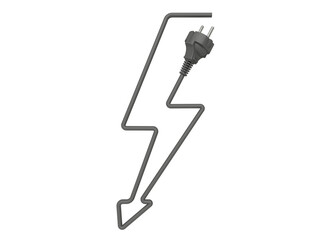 Lightning icon with electric plug isolated on white background. Artistic abstract symbol embodying the concept of direction and energy. 3d illustration.