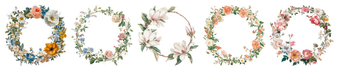 Fototapeta premium PNG Elegant floral wreath designs, element set on transparent background