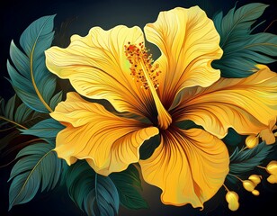 intricate hibiscus blooms lush leaves vibrant colors arte yellow