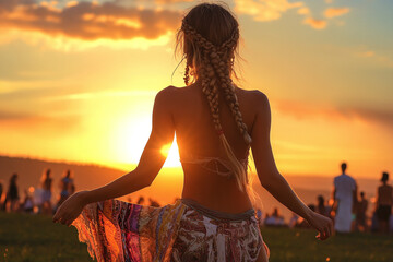Boho woman twirling in flowing kimono at sunset during music festival with golden sky silhouette