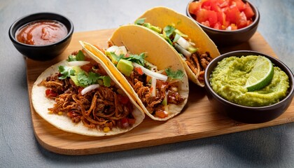 traditional mexican authentic homemade tacos filled with pulled pork beef chili con carne served alongside tomato salad avocado guacamole and dip sauce