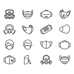 Collection of medical mask related icons. Thin line vectors. Contains icons of various types of medical masks.
