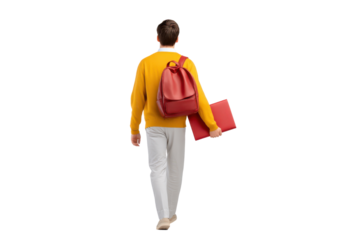 A casual modern looking person walking with a red backpack against a clean white background conveying a sense of simplicity and minimalism