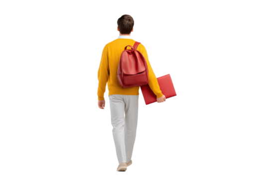 A casual modern looking person walking with a red backpack against a clean white background conveying a sense of simplicity and minimalism