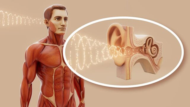 Conceptual 3D animation of a man's anatomy and hearing sense