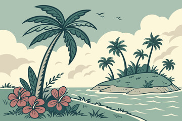 Seamless tropical sea landscape with palm trees, flowers, island, and cloudy sky. Vector illustration.