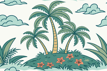 Seamless tropical sea landscape with palm trees, flowers, island, and cloudy sky. Vector illustration.