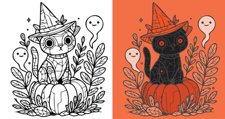 A black cat is sitting on a pumpkin. The pumpkin is surrounded by leaves and a ghost. The cat is wearing a witch's hat