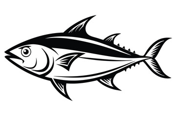 Black and White Graphic Illustration of a Tuna Fish with Spiky Fins and Tail