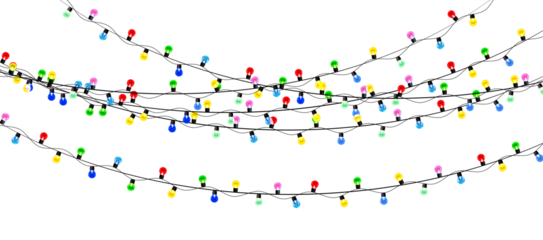Festive Christmas lights garland on transparent background. Glowing bulbs in colourful string decor. Bright holiday vector banner png for seasonal greeting or celebration design