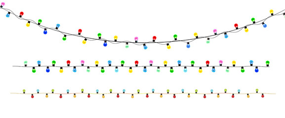 Festive Christmas lights garland on transparent background. Glowing bulbs in colourful string decor. Bright holiday vector banner png for seasonal greeting or celebration design