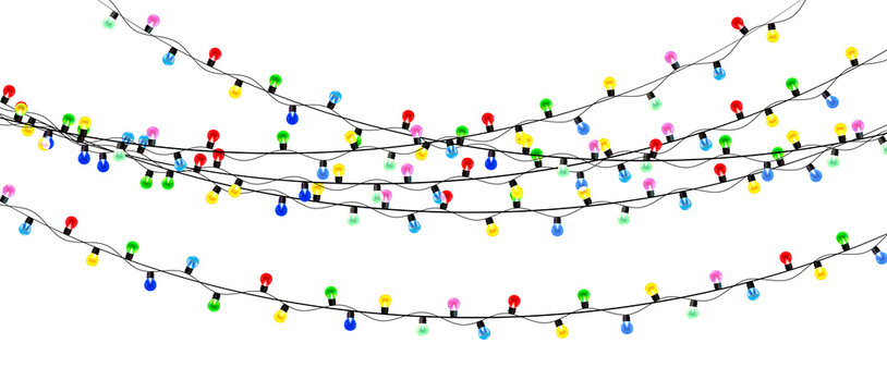 Festive Christmas lights garland on transparent background. Glowing bulbs in colourful string decor. Bright holiday vector banner png for seasonal greeting or celebration design