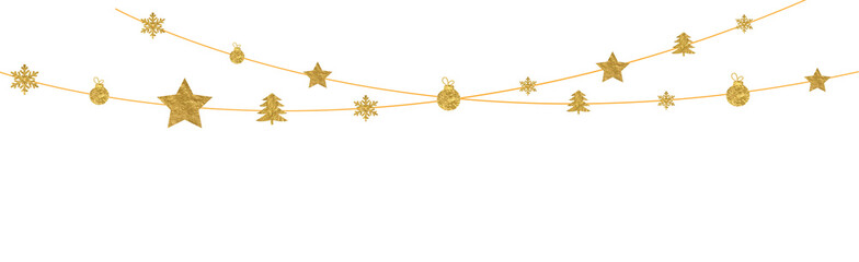Festive PNG banner with shiny gold bunting, flags, stars, garlands. Perfect for New Year, birthday...