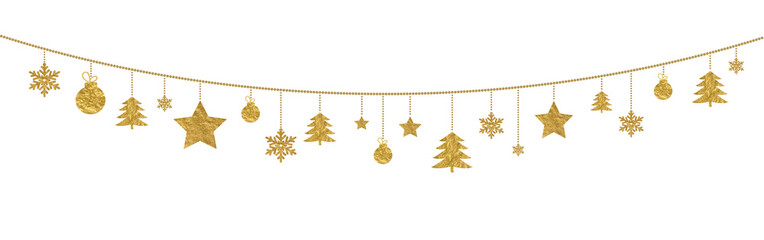 Festive PNG banner with shiny gold bunting, flags, stars, garlands. Perfect for New Year, birthday or Christmas party decoration, luxury celebration, or invitation overlay © Ольга Боярина