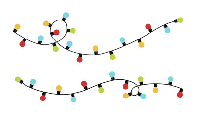 Realistic glowing Christmas garland vector on transparent background. Bright festive lights in seamless colourful string. Holiday border banner PNG for decor, celebration or card design. © Ольга Боярина