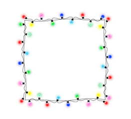 Festive Christmas lights garland on transparent background. Glowing bulbs in colourful string decor. Bright holiday vector banner png for seasonal greeting or celebration design