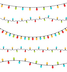Realistic glowing Christmas garland vector on transparent background. Bright festive lights in seamless colourful string. Holiday border banner PNG for decor, celebration or card design. © Ольга Боярина