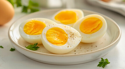 Soft-boiled egg served on a plate, the egg cut in half, yolk and white in a unique culinary image.
