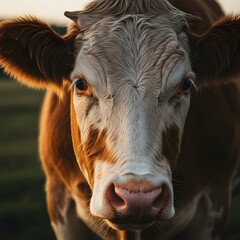 Closeup portrait of a brown and white cow