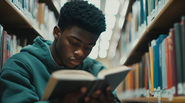 A focused student immerses himself in a book while studying in a library, surrounded by shelves filled with books. Quiet study.