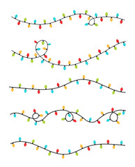 String of Christmas lights in vector clipart style with colorful bulbs overlay style. PNG illustration for festive decor, borders, cards, or holiday design with transparent background.