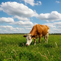 Brown and white cow grazing in summer pasture
