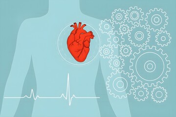 Human heart with mechanical gears inside body silhouette medical technology and healthcare innovation concept