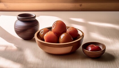 よく漬かった梅干、木の器、お洒落なアクセント、シンプルに仕上げる Generated by AI