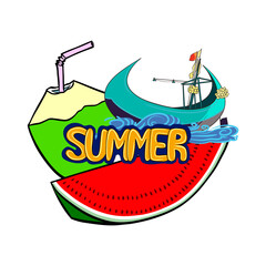 Vibrant vector illustration with coconut drink, watermelon slice, sea waves, traditional boat and colorful “SUMMER” text. Perfect for summer promotions and seasonal designs. Tropical Summer Concept