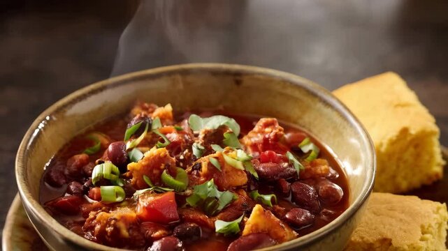 Hearty bowl of steaming chili with cornbread on the side, garnished with fresh herbs for a savory meal