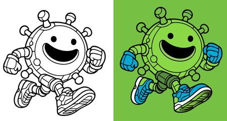 A cartoon character is smiling and walking on a green background. The character is wearing blue shoes and a green shirt