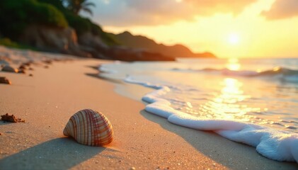 Golden hour sunlight bathes a pristine beach in summer, gentle waves lapping the shore Seashells scattered on the sand, a tranquil coastal scene perfect for relaxation , idyllic, serene