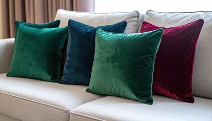Colorful Velvet Pillows On Gray Sofa