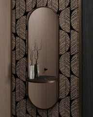 Interior with oval mirror and floating puff on beige floor. Mock up empty wall. Concept of beauty...