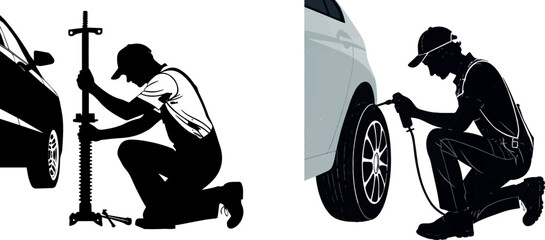 Car Tire Service and Repair Silhouettes - Mechanic Changing and Inflating Tire