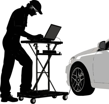 mechanic using laptop to diagnose car clip art preview