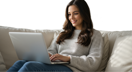 Photo of Smiling Woman on Laptop at Home with Transparent Background