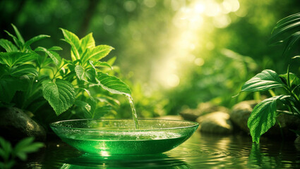 wellness outdoor and ecology concept with nature, plants and bowl of crystal clear water in green tonality