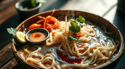 Delicious bowl of steaming udon noodles with vegetables and a flavorful broth