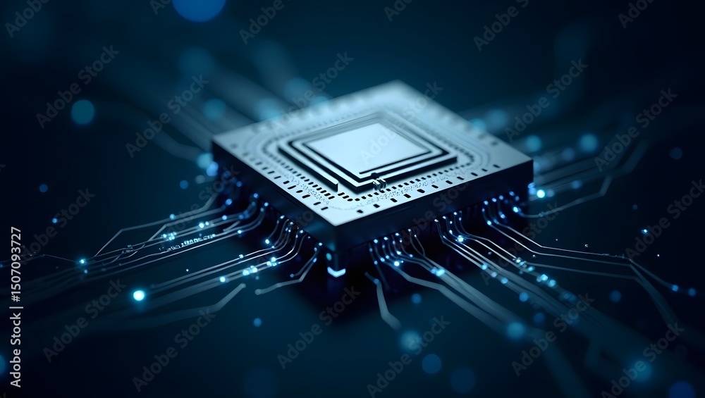 Poster close-up shot of a powerful cpu (central processing unit) with its intricate circuitry glowing