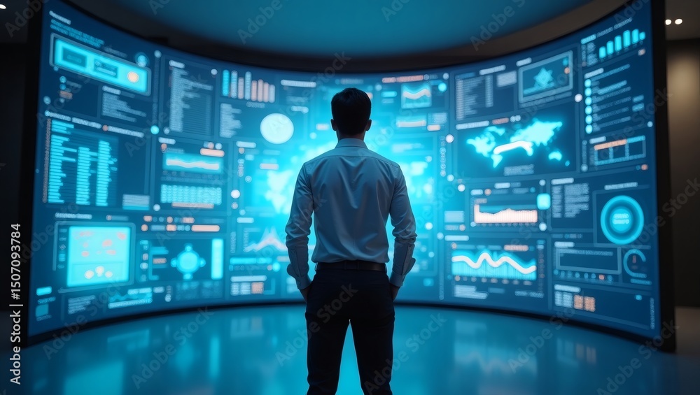 Poster a man analyses large screens in the control room
