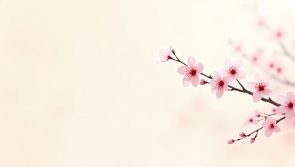 Fototapeta premium Delicate pink cherry blossoms on a branch against a soft, light background. The blossoms are in full bloom, showcasing their delicate petals and vibrant color.